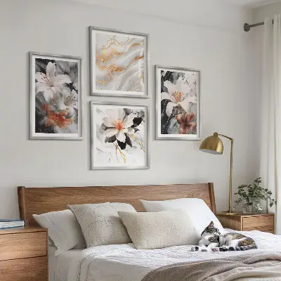 Conjunto de 4 quadros com moldura flores mármore preto e branco