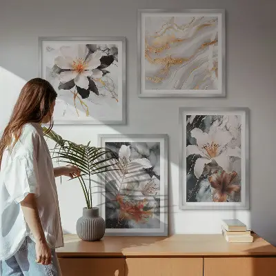 Conjunto de 4 quadros com moldura flores mármore preto e branco