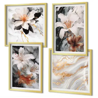 Conjunto de 4 quadros com moldura flores mármore preto e branco