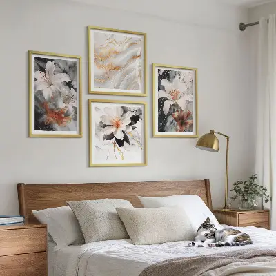 Conjunto de 4 quadros com moldura flores mármore preto e branco