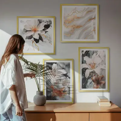 Conjunto de 4 quadros com moldura flores mármore preto e branco
