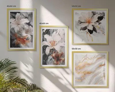 Conjunto de 4 quadros com moldura flores mármore preto e branco