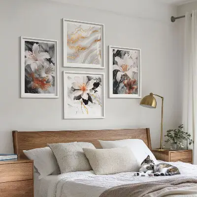 Conjunto de 4 quadros com moldura flores mármore preto e branco
