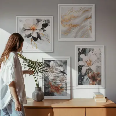 Conjunto de 4 quadros com moldura flores mármore preto e branco