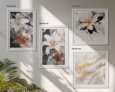 Conjunto de 4 quadros com moldura flores mármore preto e branco