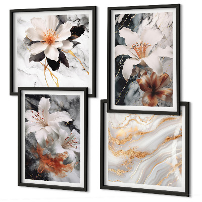 Conjunto de 4 quadros com moldura Flores mármore branco preto