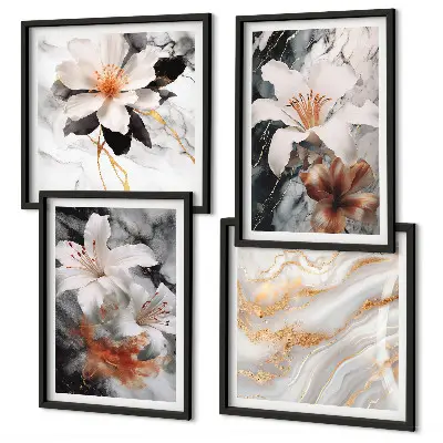 Conjunto de 4 quadros com moldura flores mármore preto e branco