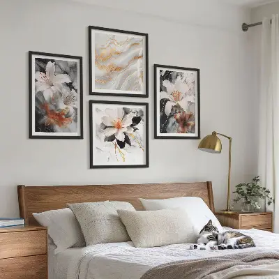 Conjunto de 4 quadros com moldura flores mármore preto e branco