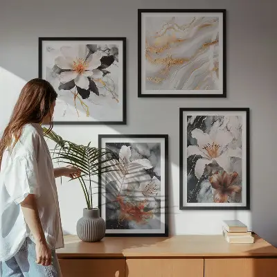 Conjunto de 4 quadros com moldura flores mármore preto e branco