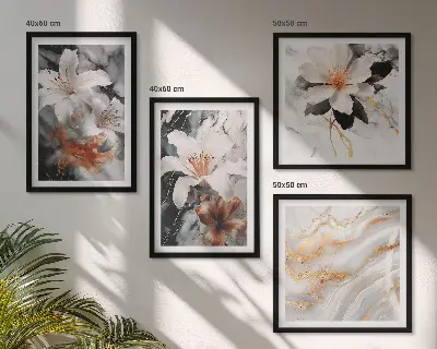 Conjunto de 4 quadros com moldura flores mármore preto e branco
