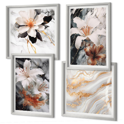 Conjunto de 4 quadros com moldura Flores mármore branco preto