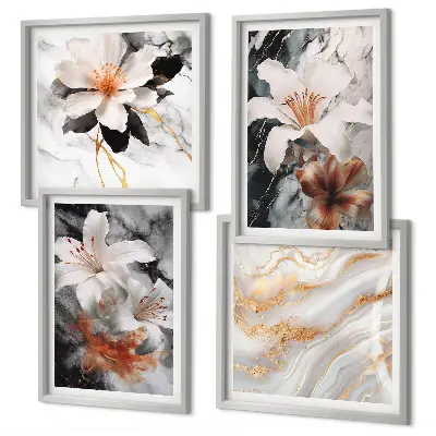 Conjunto de 4 quadros com moldura flores mármore preto e branco