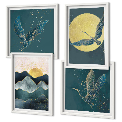 Conjunto de 4 quadros com moldura Pássaros, garças, lua, montanhas