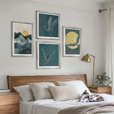 Conjunto de 4 quadros com moldura Pássaros, garças, lua, montanhas