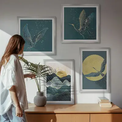 Conjunto de 4 quadros com moldura estampa de pássaros, garças, lua e montanhas