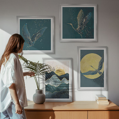 Conjunto de 4 quadros com moldura Pássaros, garças, lua, montanhas
