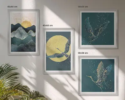 Conjunto de 4 quadros com moldura estampa de pássaros, garças, lua e montanhas