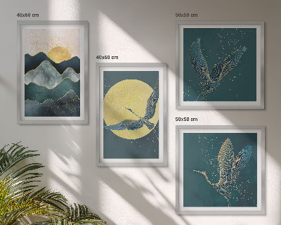 Conjunto de 4 quadros com moldura Pássaros, garças, lua, montanhas