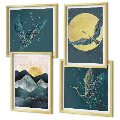 Conjunto de 4 quadros com moldura Pássaros, garças, lua, montanhas