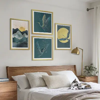 Conjunto de 4 quadros com moldura estampa de pássaros, garças, lua e montanhas