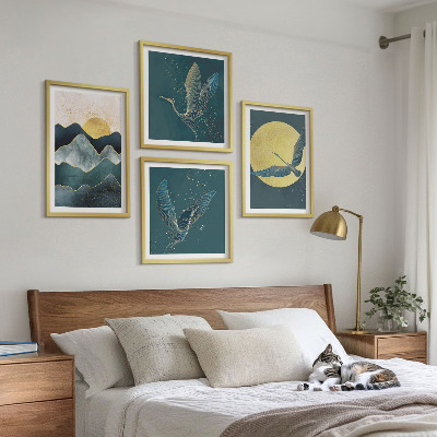 Conjunto de 4 quadros com moldura Pássaros, garças, lua, montanhas