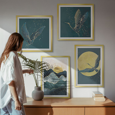 Conjunto de 4 quadros com moldura Pássaros, garças, lua, montanhas