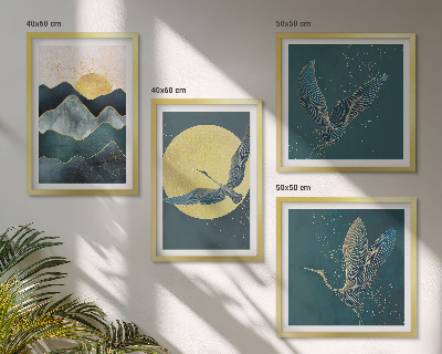Conjunto de 4 quadros com moldura Pássaros, garças, lua, montanhas