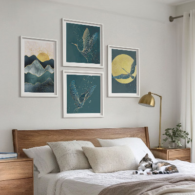 Conjunto de 4 quadros com moldura Pássaros, garças, lua, montanhas
