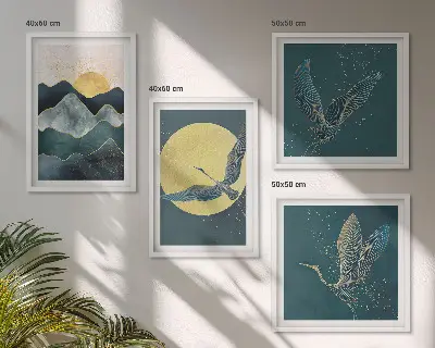 Conjunto de 4 quadros com moldura estampa de pássaros, garças, lua e montanhas