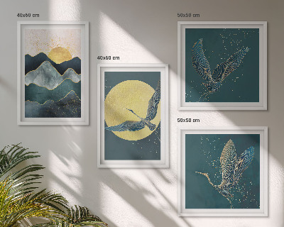 Conjunto de 4 quadros com moldura Pássaros, garças, lua, montanhas