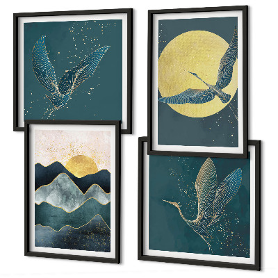 Conjunto de 4 quadros com moldura Pássaros, garças, lua, montanhas