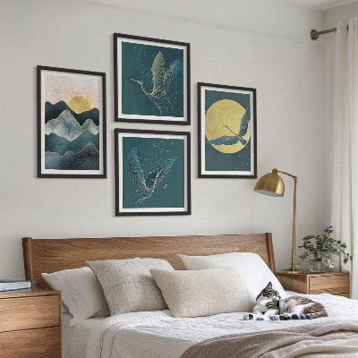 Conjunto de 4 quadros com moldura Pássaros, garças, lua, montanhas