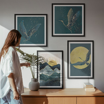 Conjunto de 4 quadros com moldura Pássaros, garças, lua, montanhas