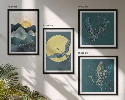 Conjunto de 4 quadros com moldura estampa de pássaros, garças, lua e montanhas