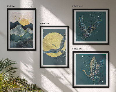 Conjunto de 4 quadros com moldura Pássaros, garças, lua, montanhas
