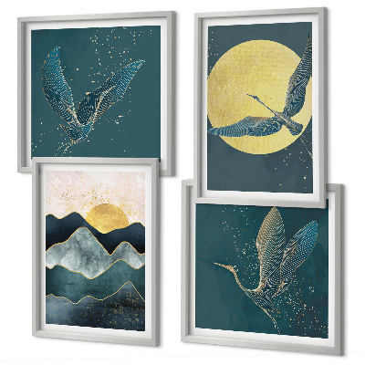 Conjunto de 4 quadros com moldura Pássaros, garças, lua, montanhas