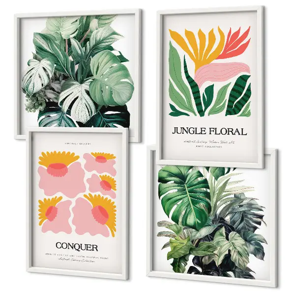 Políptico com moldura de flores e folhas modernas conjunto de pôsteres decorativos