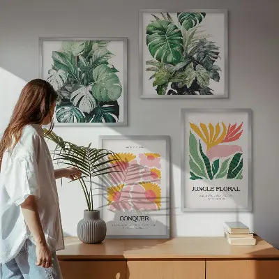 Políptico com moldura de flores e folhas modernas conjunto de pôsteres decorativos