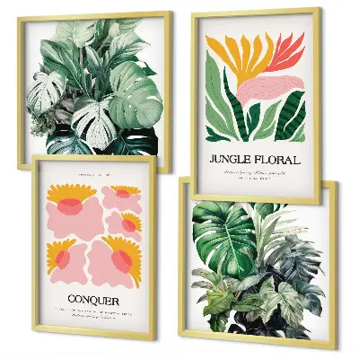 Políptico com moldura de flores e folhas modernas conjunto de pôsteres decorativos