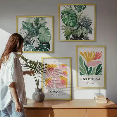 Políptico com moldura de flores e folhas modernas conjunto de pôsteres decorativos