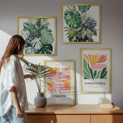 Políptico com moldura Pôsteres modernos de flores e folhas