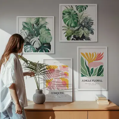 Políptico com moldura de flores e folhas modernas conjunto de pôsteres decorativos