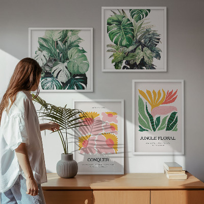 Políptico com moldura Pôsteres modernos de flores e folhas