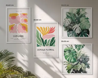 Políptico com moldura de flores e folhas modernas conjunto de pôsteres decorativos