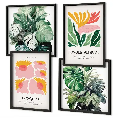 Políptico com moldura de flores e folhas modernas conjunto de pôsteres decorativos
