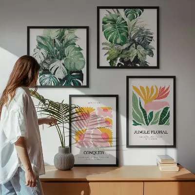 Políptico com moldura de flores e folhas modernas conjunto de pôsteres decorativos