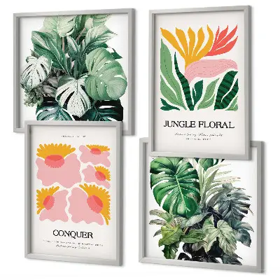 Políptico com moldura de flores e folhas modernas conjunto de pôsteres decorativos
