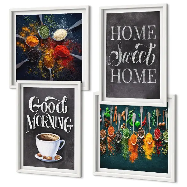 Conjunto de quadros decorativos com especiarias, café, xícara e ervas
