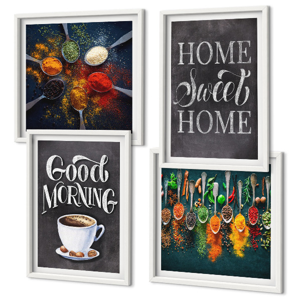 Composição de quadros Especiarias, café, xícara, ervas