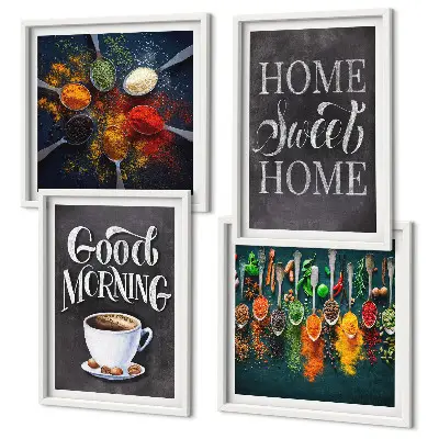 Conjunto de quadros decorativos com especiarias, café, xícara e ervas